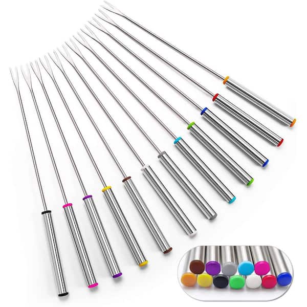 12-Piece Color-Coded Stainless Steel Fondue Forks Set with Heat-Resistant Handles for Chocolate Fountain, Cheese Fondue
