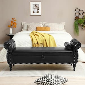 Black PU Upholstered Ottoman 63 in. Bedroom Bench Flip Top Storage Bench with Solid Wood Legs