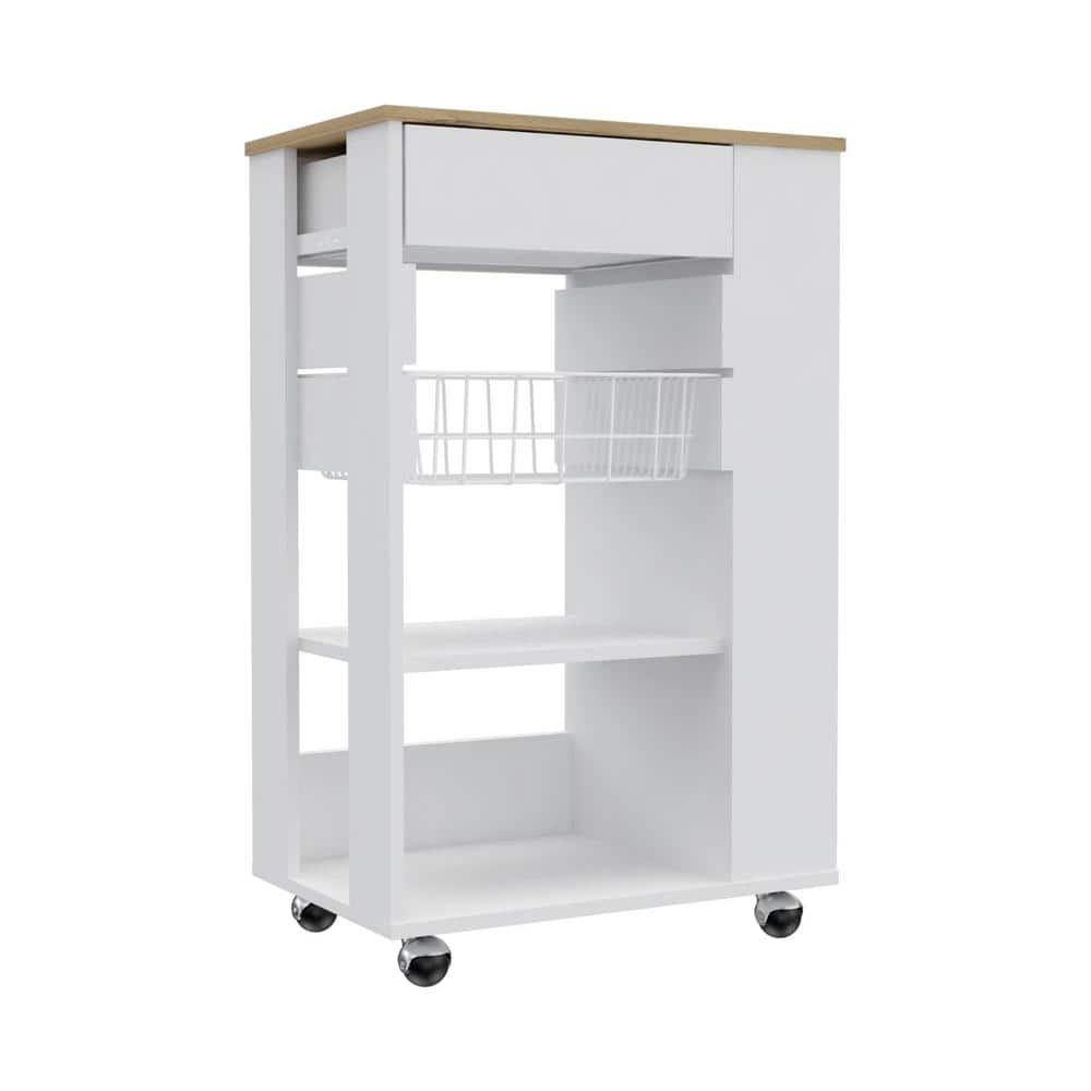 Light Oak Particle Board Kitchen Cart with Two Open Shelves and Four Caster