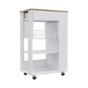 Light Oak Particle Board Kitchen Cart with Two Open Shelves and Four Casters in White