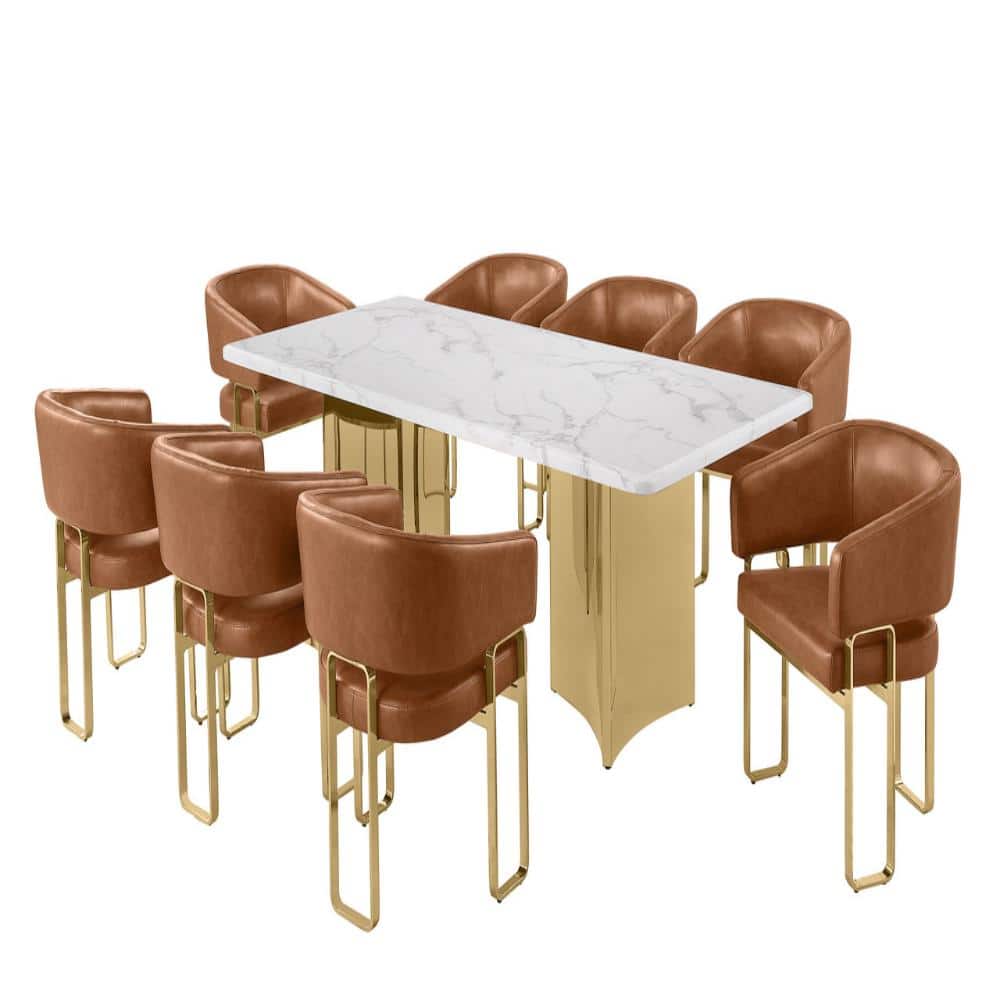 Judy 9-Piece Rectangle White Marble Top Gold Stainless Steel Base Dining Set With 8 Toffee Color Chairs price history on PriceWatchPro
