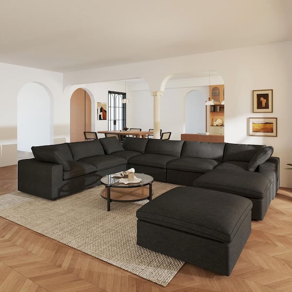 L Shape 157 in. Square Arm Down Filled Linen 8-Piece Modular Convertible Sectional Sofa in Black with Detachable Covers
