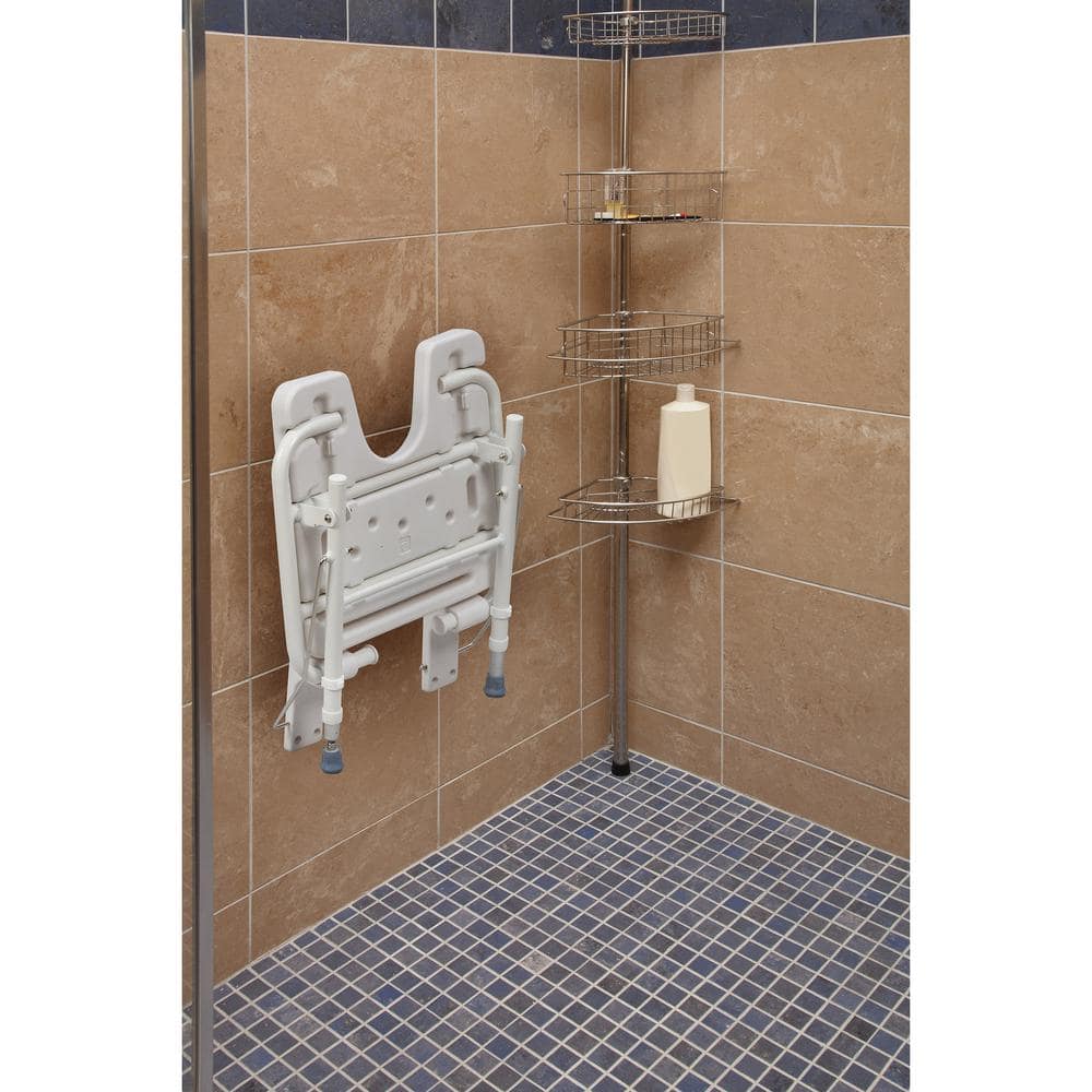 White Fold-Away Wall-Mount Shower Seat with Adjustable Legs