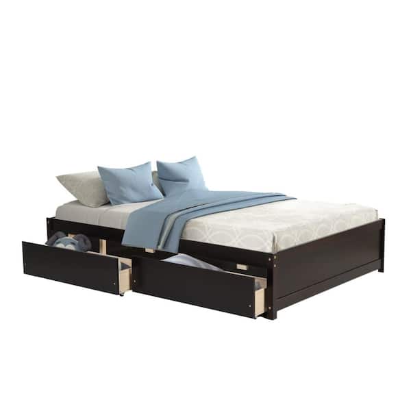 ANBAZAR Espresso Full Bed with Trundle and 2-Drawers Wood Platform Bed Frame with Storage Space-Saving Captain Beds Daybed