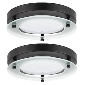 8 in. 1-Light Black Round Decorative Band Integrated LED Flush Mount with Floating Glass, Warm White 3000K (2-Pack)