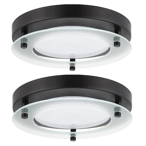 Sunlite 8 in. 1-Light Black Round Decorative Band Integrated LED Flush Mount with Floating Glass, Warm White 3000K (2-Pack)
