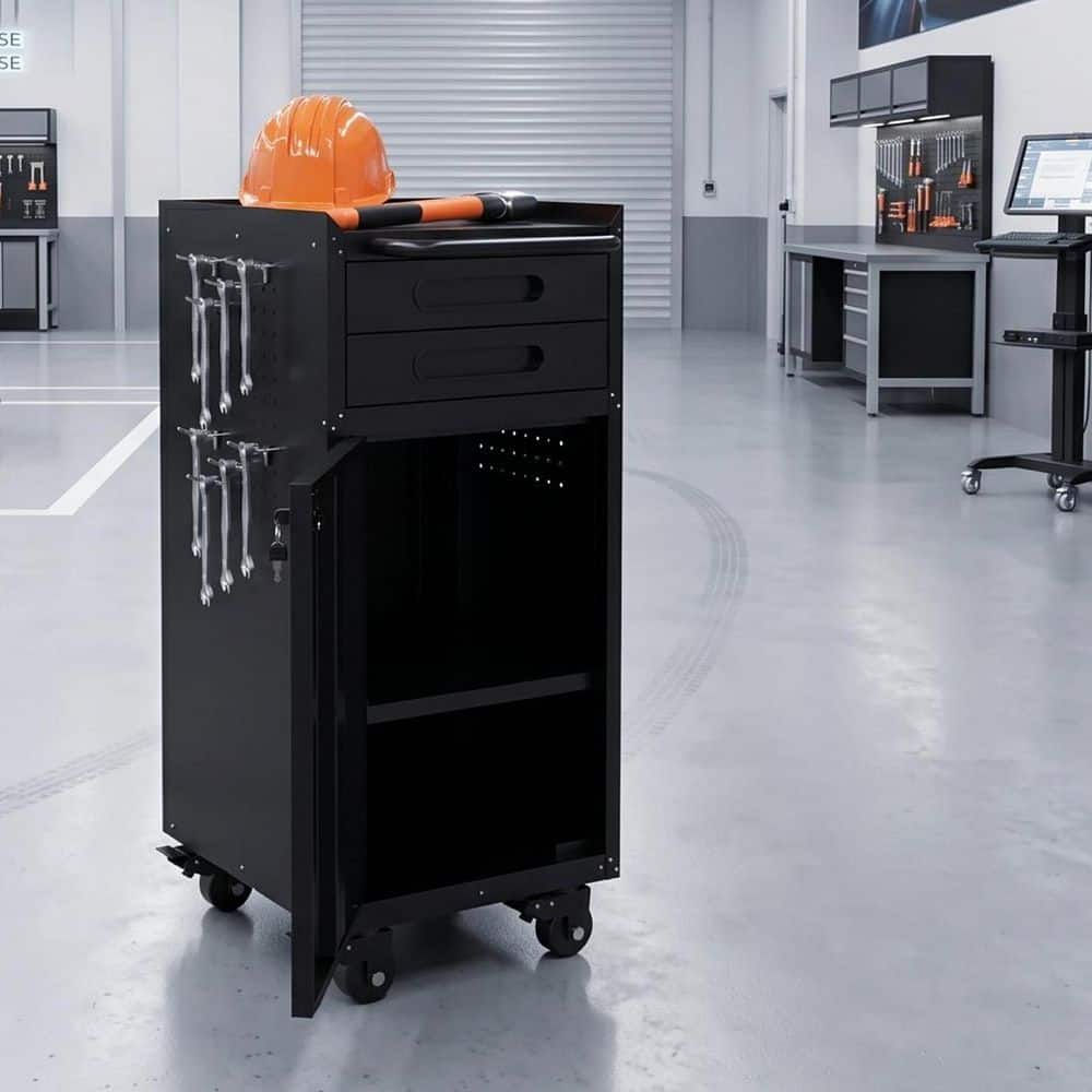 2-Drawer 14.7 in. W Black Lockable Tool Storage Cabinet Rolling Tool Chest for Garage, Repair Shops