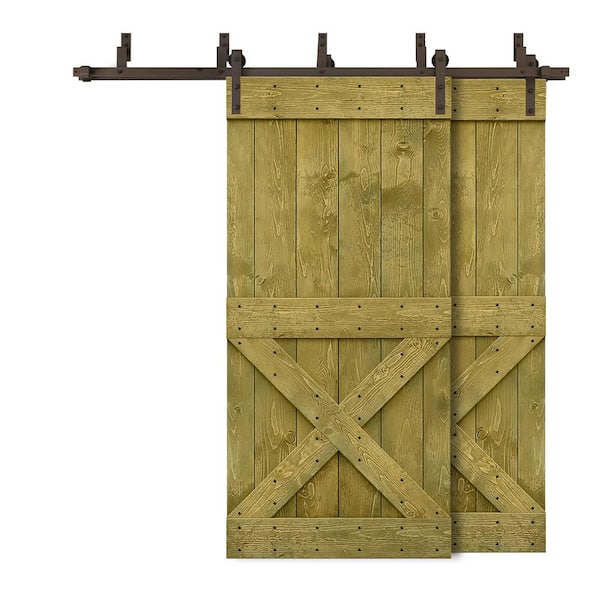 CALHOME 64 in. x 84 in. Mini X-Bypass Jungle Green Stained DIY Solid Wood Interior Double Sliding Barn Door with Hardware Kit