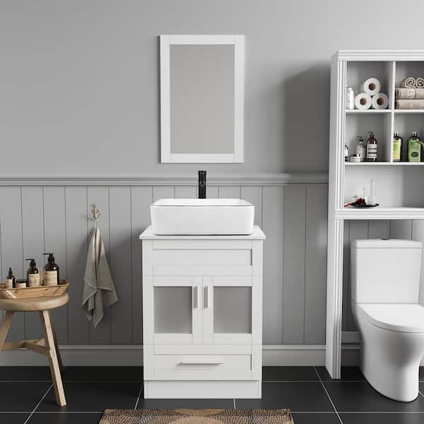 Puluomis 24 in. W x 19 in. D x 33 in. H Single Sink Bath Vanity in White with White Solid Surface Vanity Top and Mirror