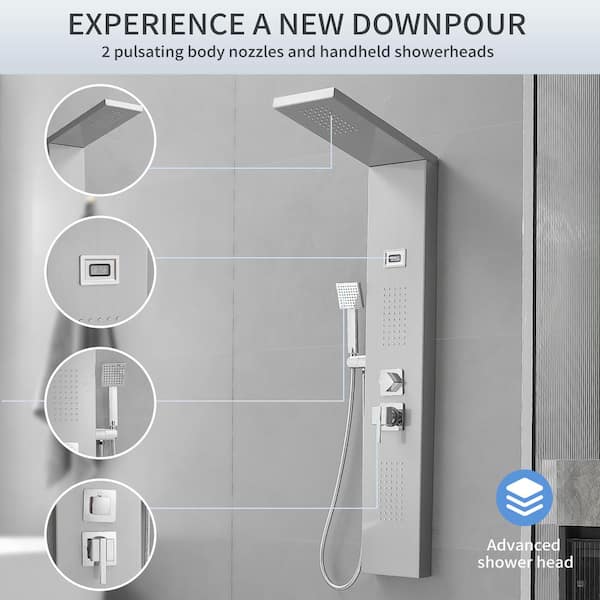 2-Jet Shower Tower with Rainfall Shower Head and Temperature Display in Chrome and Nickel
