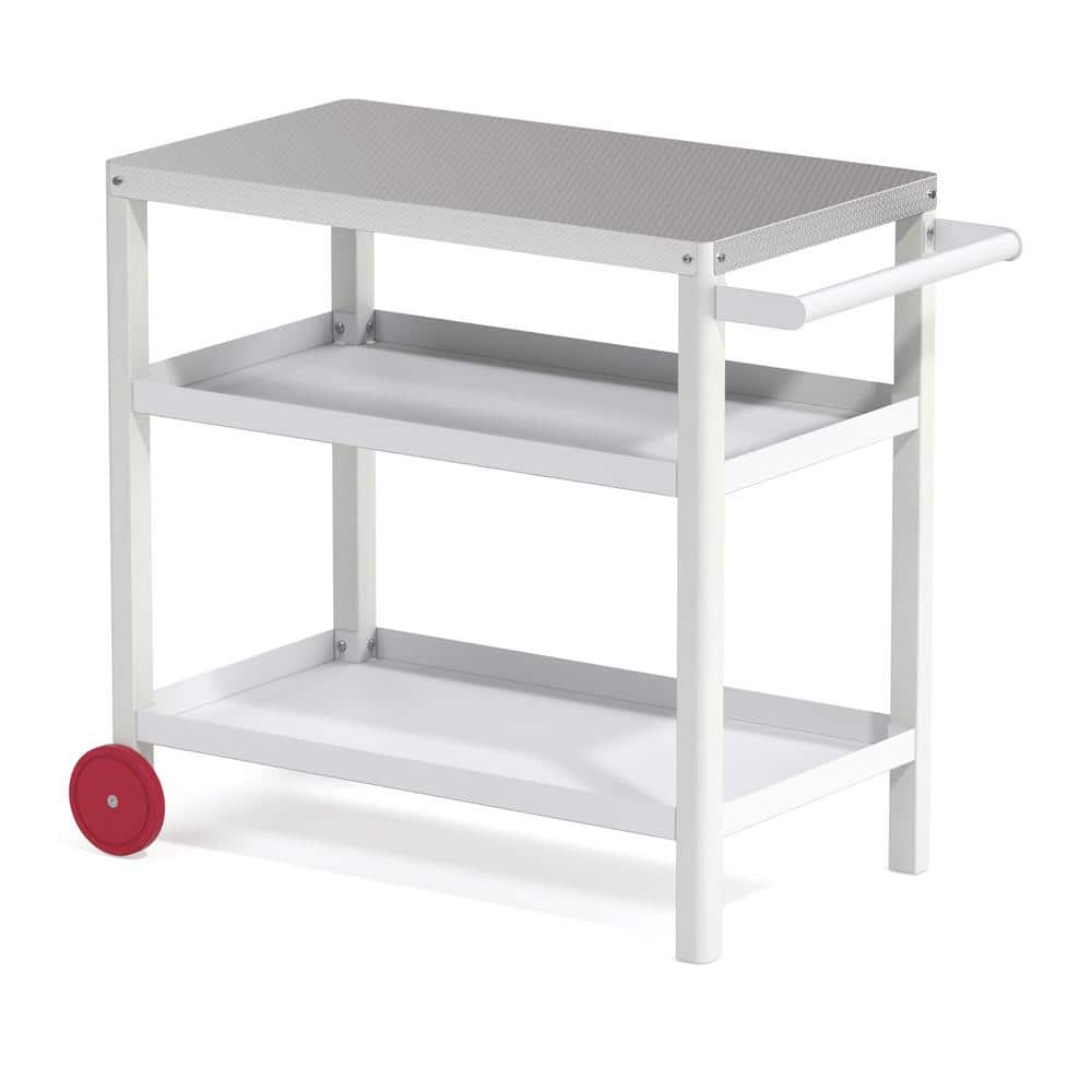 White Outdoor Grill Cart Movable Food Prep Table with Stainless Steel Table