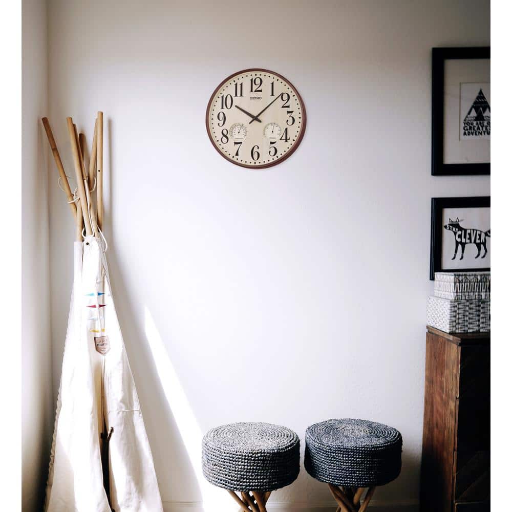 Seiko 16'' Brown Frame Wall Clock with Thermometer and Hygrometer