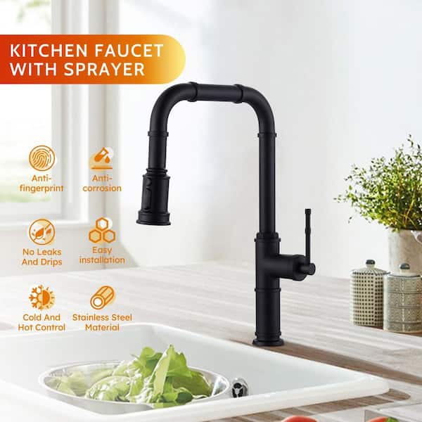 Brass Matte Black 17.9 in. H 360° Spout Swivel Pull Down Sprayer Kitchen Faucet with 3 Function Sprayer