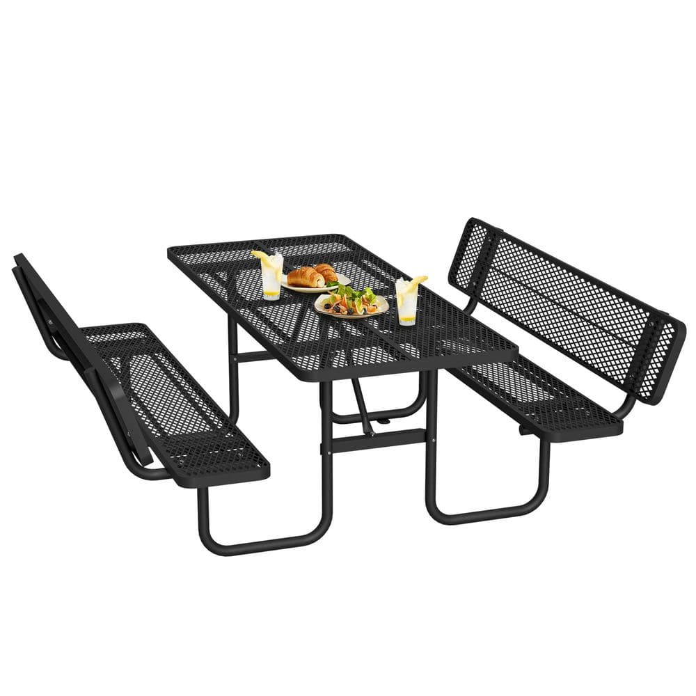 72.2 in. Black Rectangle Steel Picnic Table Seats 4-6 People with Umbrella Hole and Backrest, Suitable for Outdoor Use. price history on PriceWatchPro