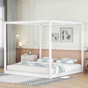 White Wood Frame King Size Canopy Bed with Support Legs