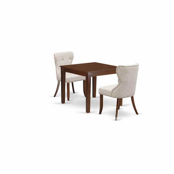 East West Furniture 3-Piece Mahogany Finish Solid Wood Top Dining Table Set