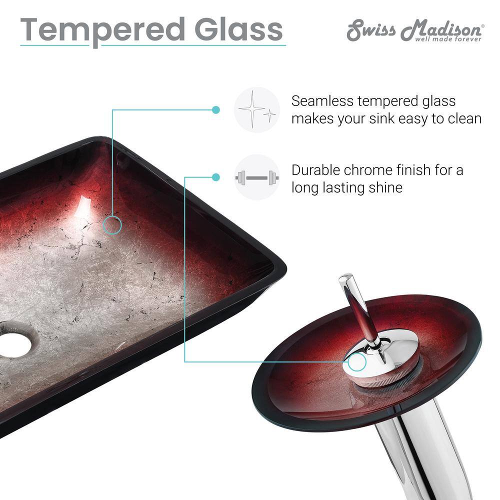 Ember Red Rectangular Glass Vessel Sink with Waterfall Faucet