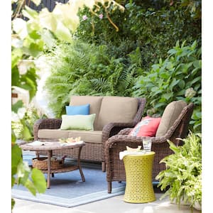 Cambridge Brown Wicker Outdoor Patio Loveseat with CushionGuard Putty Tan Cushions
