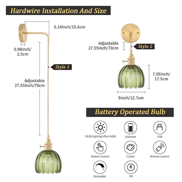 Ahfiwaso Retro 4.72 in. 1-Light Gold Battery Operated Vintage