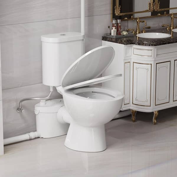 1.34 HP Round Upflush Toilet for Basement, 0.8/1.28 GPF Dual Flush Macerator Toilet, 4 Water Inlets for Bathroom Sewage