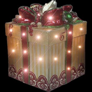 22 in. Christmas Tall Square Gift Box with Long-Lasting LED Lights and Bow in Gold/Red