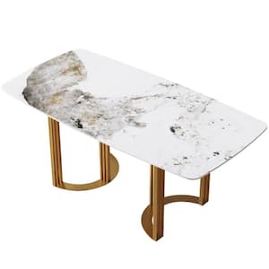 70.87 in. Rectangle Round Edge Sintered Stone Pandora Top Double Pedestal Gold Metal Base Dining Table (Seats-6)