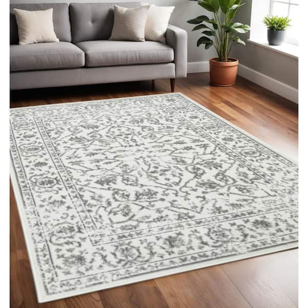 5 ft. x 8 ft. Ivory And Gray Floral Area Rug