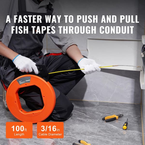 Fish Tape, 100 ft., 3/16 in. Fiberglass Cable Guide, Insulated Wiring Tool, Bendable for Walls and Ducts, Enhanced Grip