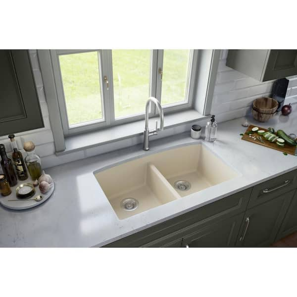 Karran Quartz Bisque 32 in. 50/50 Double Bowl Composite Undermount