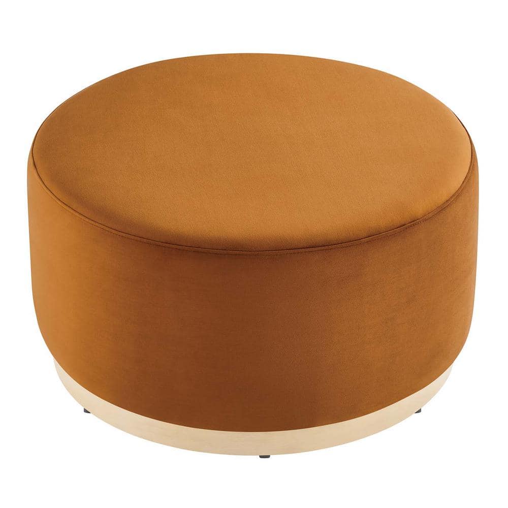 Tilden Large Round Rust Velvet Upholstered Ottoman with Rubberwood Base