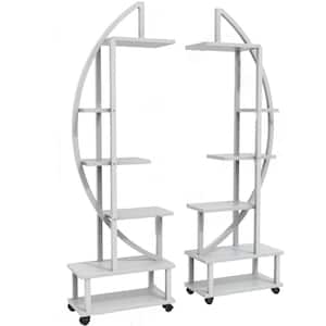 2-Piece 6-Tier Metal Half Moon Plant Stand, Plant Stand on Wheels, Hanging Loop (White)