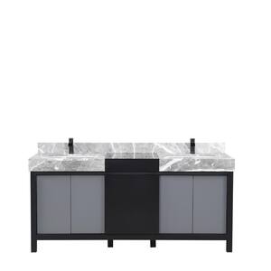 Zilara 72 in x 22 in D Black and Grey Double Bath Vanity, Castle Grey Marble Top and Matte Black Faucet Set