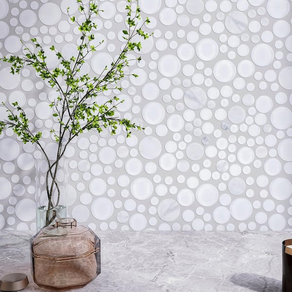 Bubble Art White 11.82 in. x 11.82 Geometric Glossy Glass Mosaic Tile Sample