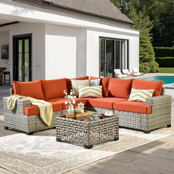 XIZZI Ulrica 6-Piece Wicker Outdoor Sectional Set with Orange Red Cushions