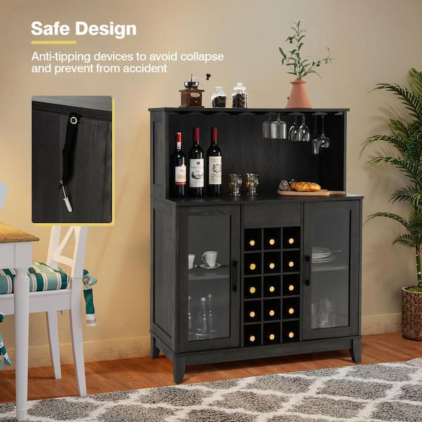 Seafuloy Black Wood Bar Cabinet with Wine Racks Storage Server  WF285318AAB-1 - The Home Depot