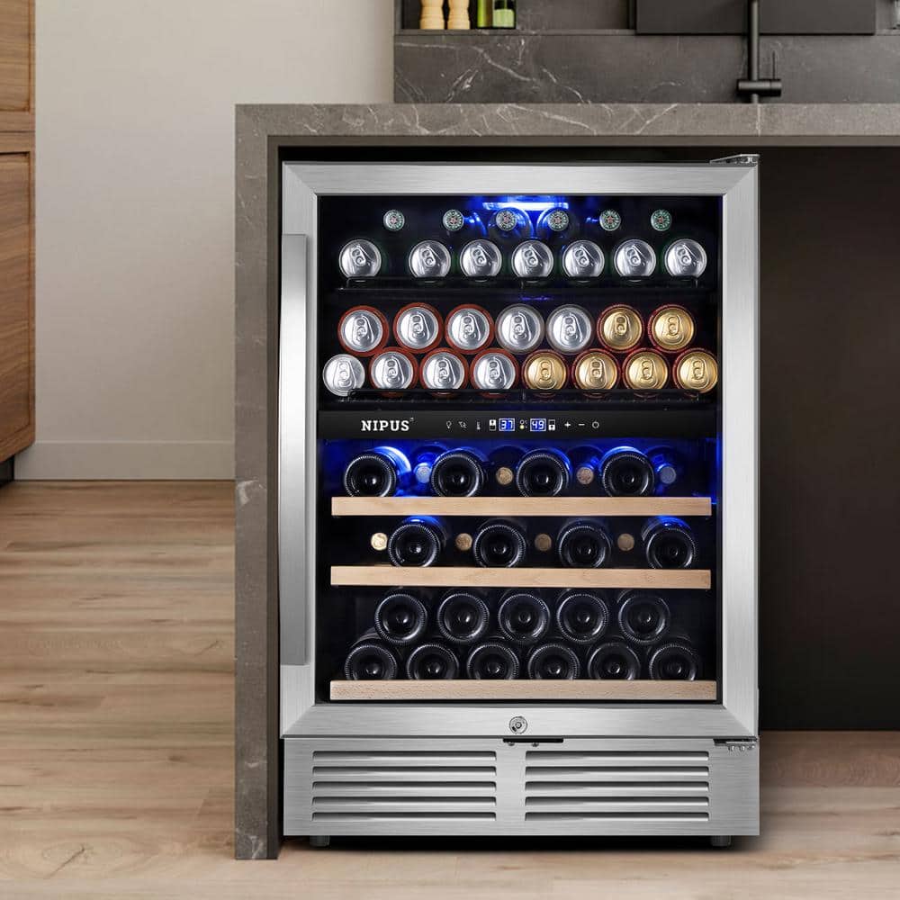 Nipus 24 in. Dual Zone Upper and Lower 27-Wine Bottles and 94-Cans Beverage & Wine Cooler in Silver Built-in and Freestanding, Silver/Stainless Steel -  NPDUAL03