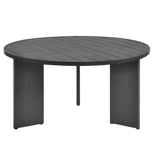 Tahoe Outdoor Patio Powder-Coated Aluminum Round Dining Table in Gray-59 in. Patio Table with Umbrella Hole and Cover