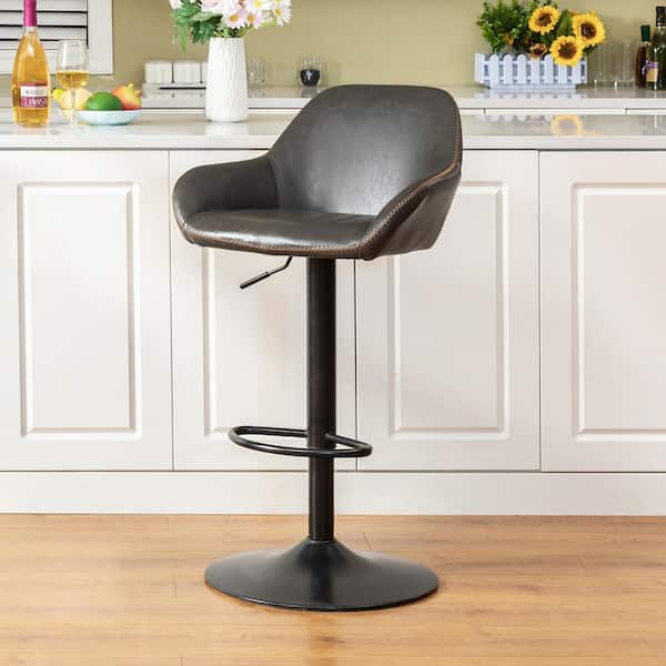 Glitzhome 42.5 in. H Mid-Century Modern Gray Leatherette Gaslift Adjustable Swivel Bar Stool with Metal Frame