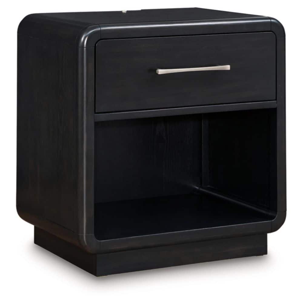 Black Modern Nightstand with LED Light and USB Ports