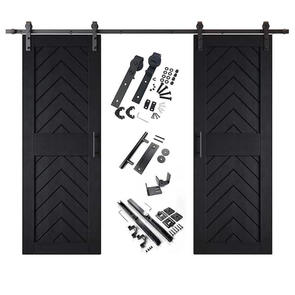 JT1 26 in. x 84 in. C-Panel Black Fishbone Design Double Pine Wood Sliding Barn Door with Hardware Kit