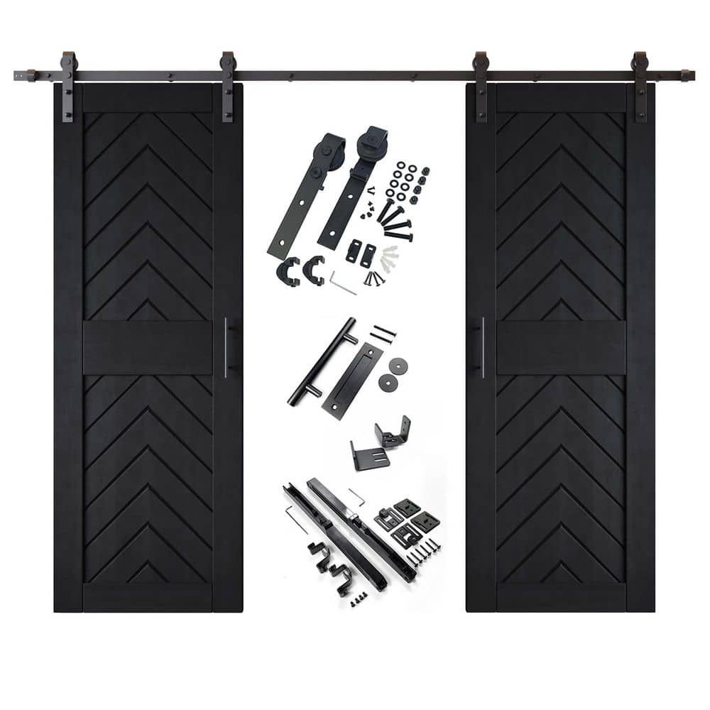 JT1 30 in. x 84 in. C-Panel Black Fishbone Design Double Pine Wood Sliding Barn Door with Hardware Kit price history on PriceWatchPro