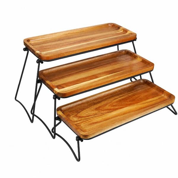 3-Tier Brown Acacia Wood Cake Stand with Collapsible Rack, Stackable Trays for Party Serving, Decorative Tiered Decor