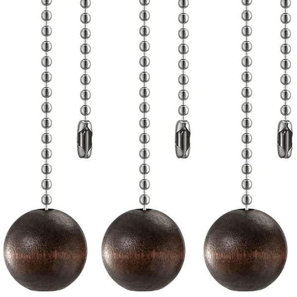 Decorative Walnut Wooden Ball Ceiling Fan Pull Chain Extension 39 in Adjustable 3 mm Beaded Set of 3 Nickel