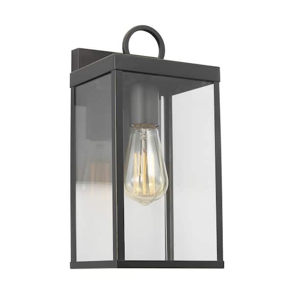 SCOTT LIVING Howell 12.5 in. Antique Bronze Outdoor Hardwired Wall Lantern Sconce with White/Clear Glass Panels and No Bulbs Included