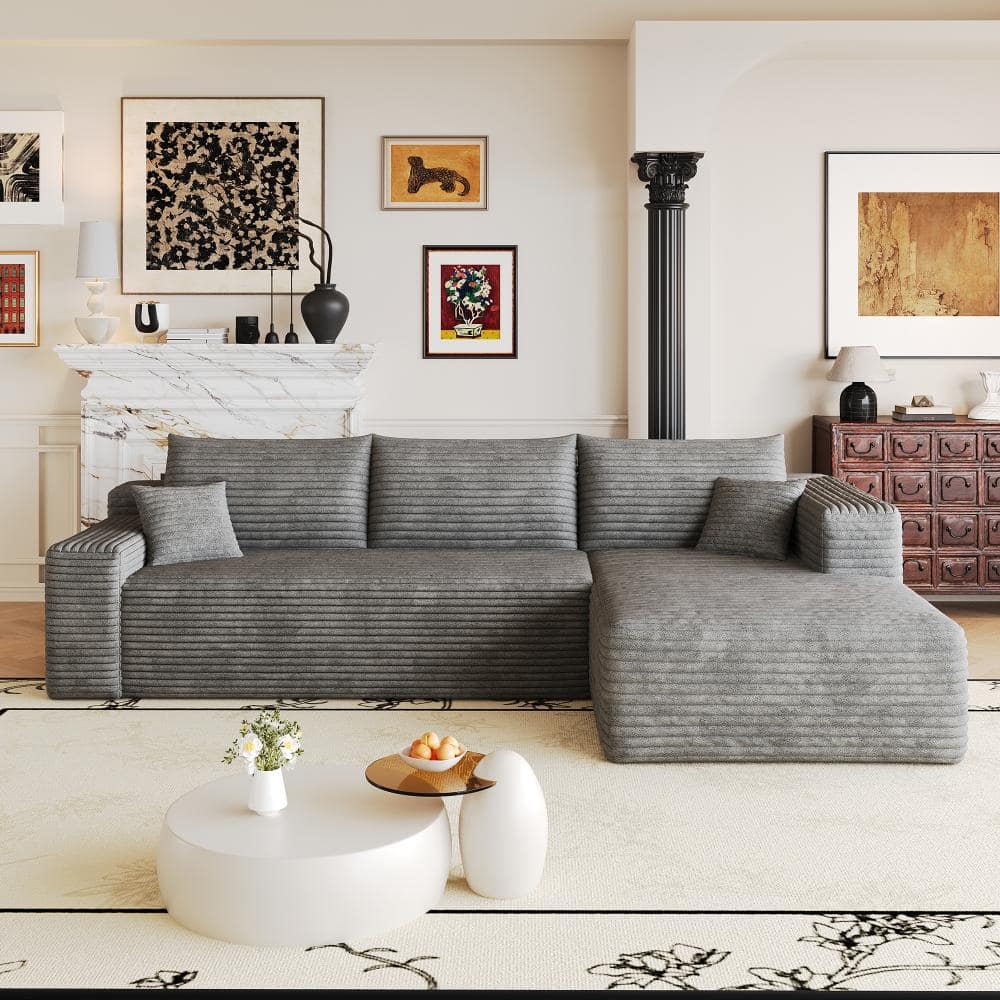 103 in. Corduroy Upholstered L-Shaped Sectional Sofa with Right Facing Chaise Lounge Couch in Gray