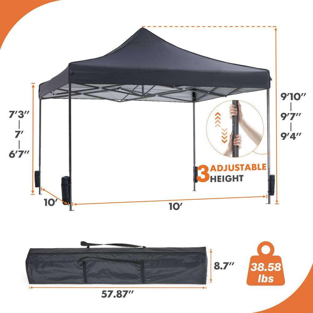 10' x 10' Gray Adjustable Height Pop-Up Outdoor Canopy Tent