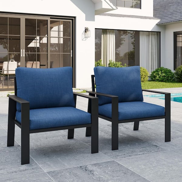 2-Piece Gray Aluminum Outdoor Single-Arm Chairs With Navy Blue Cushions.