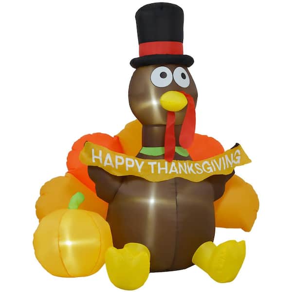 5 ft Inflatable Thanksgiving Turkey, Outdoor Blow Up LED Yard Display, Pulls Banner with Pumpkin