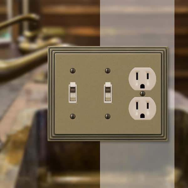 Tiered 3 Gang 2-Toggle and 1-Duplex Metal Wall Plate - Rustic Brass