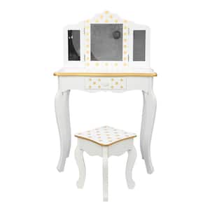 3-Fold Mirror White Color with Yellow Dots Children Vanity Table Sets 2-of Pieces